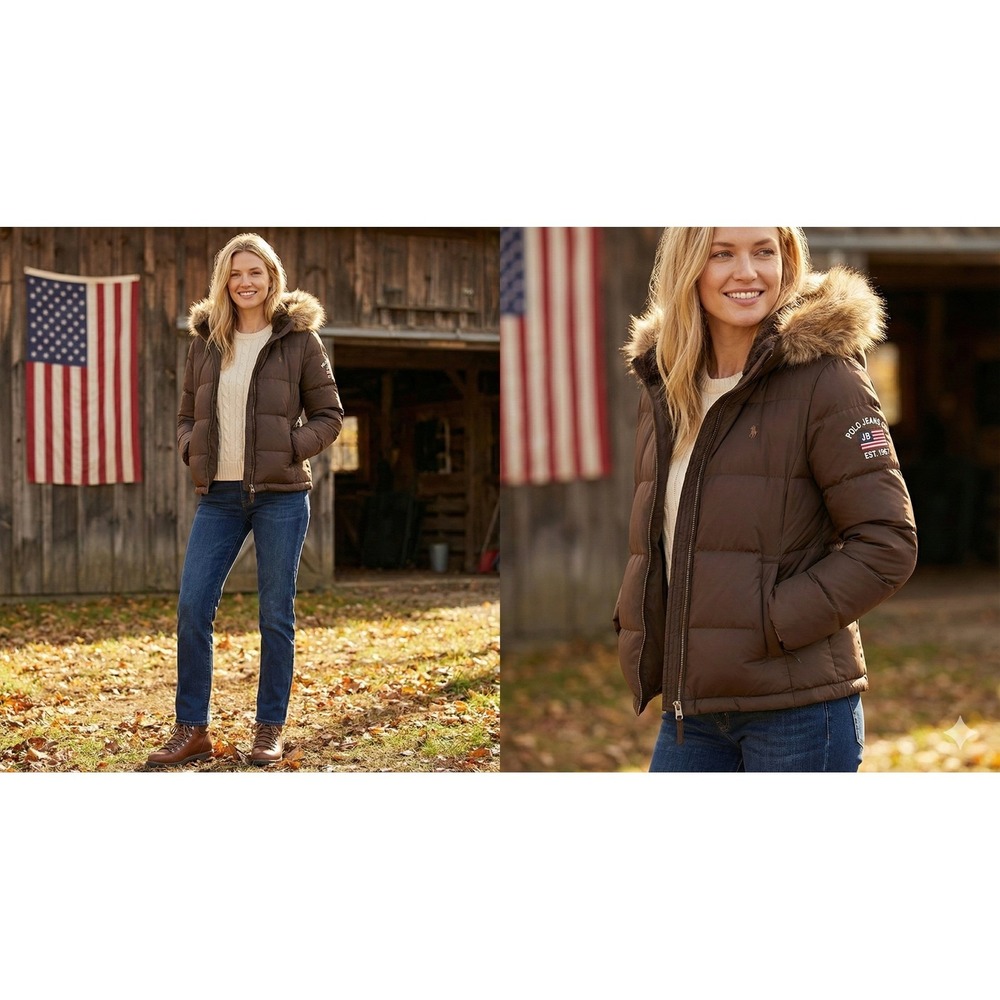 Y2K Polo Jeans Ralph Lauren Puffer Jacket‎ Womens XL READ Bomber Down Faux Fur